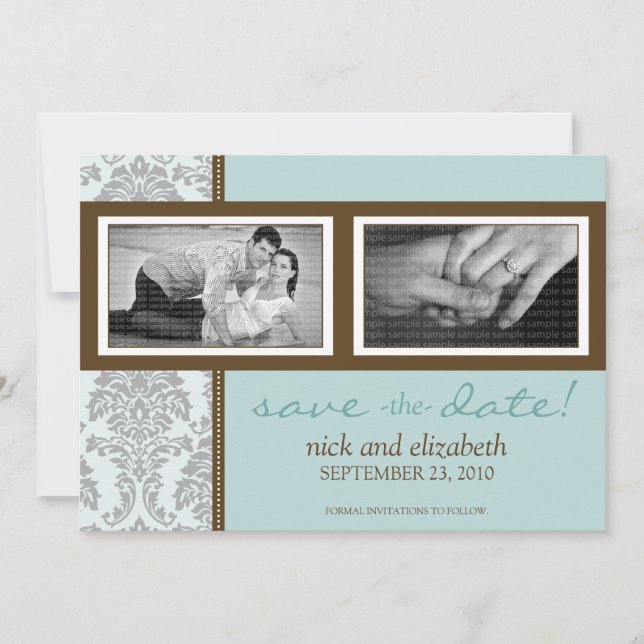 5X7 Baroque Aqua/Brown Two-Photo Save the Date (Front)