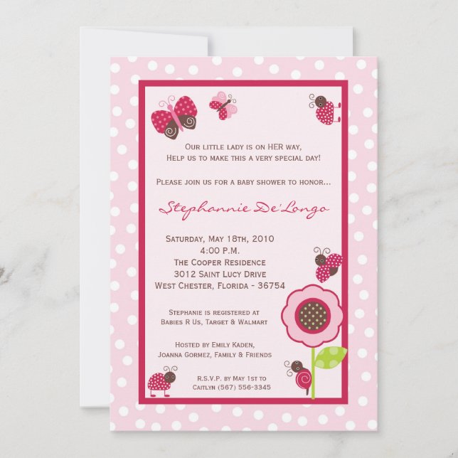 5x7 Berry Garden Lady Bug Baby Shower Invitation (Front)