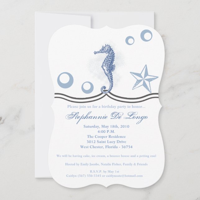 5x7 Birthday Invitation Seahorse Ocean Beach Water (Front)