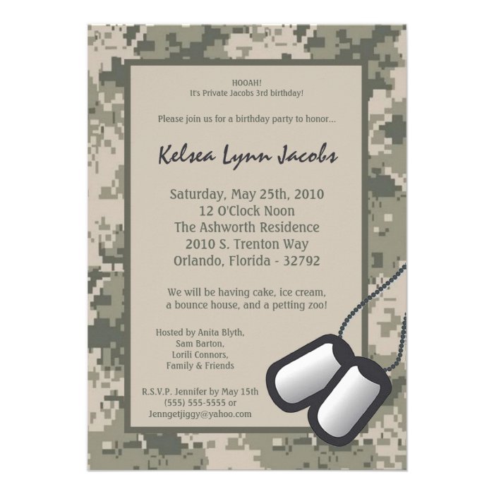 5x7  Birthday Party Invitation ARMY Camo ACU Print