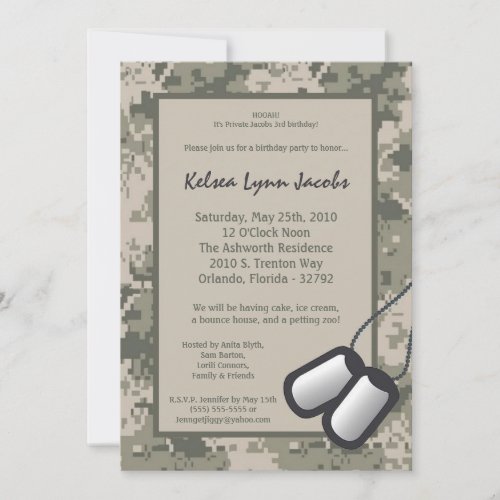 5x7  Birthday Party Invitation ARMY Camo ACU Print