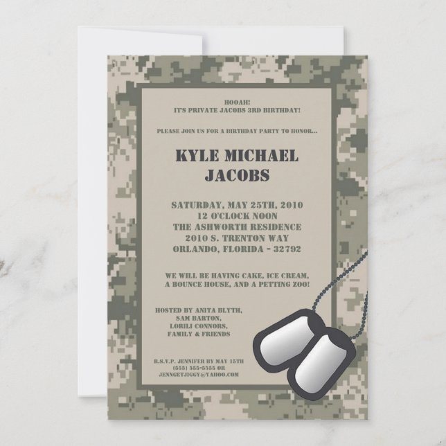 5x7  Birthday Party Invitation ARMY Camo ACU Print (Front)