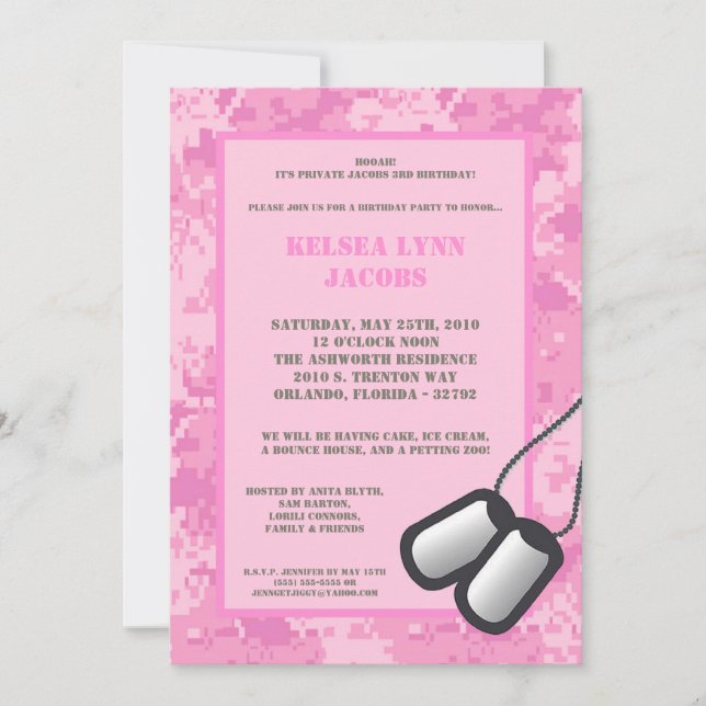 5x7  Birthday Party Invitation Pink ARMY Camo ACU (Front)