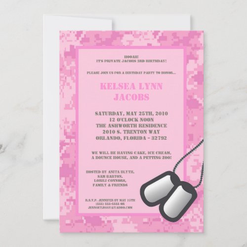 5x7  Birthday Party Invitation Pink ARMY Camo ACU