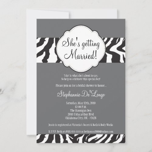 5x7 Blac Gray Zebra Stripe Brida Shower Invitation