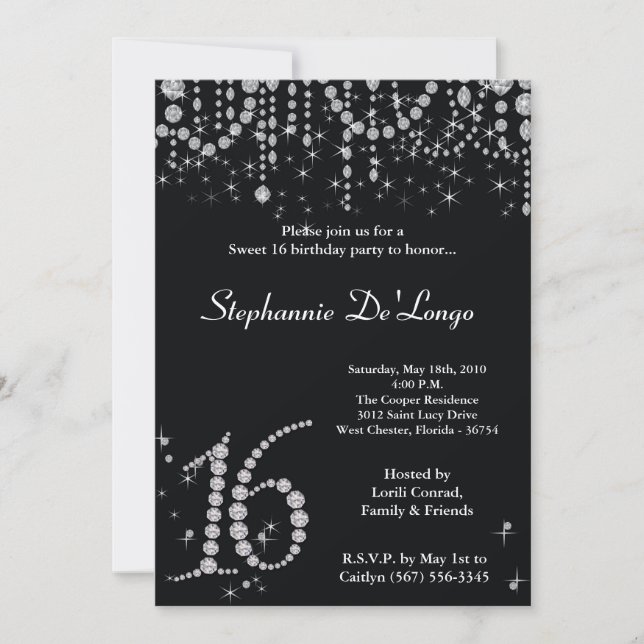 5x7 Black Diamond Sweet 16 Birthday Invitation (Front)