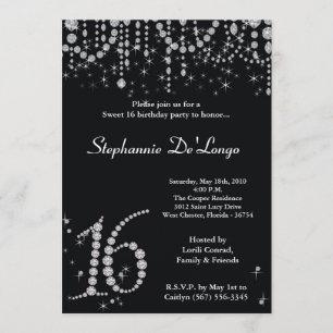 5x7 Black Diamond Sweet 16 Birthday Invitation