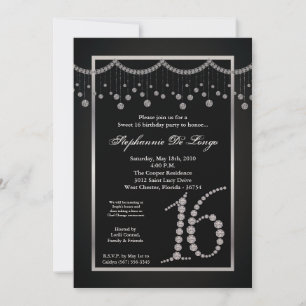 5x7 Black Diamond Sweet 16 Birthday Invitation
