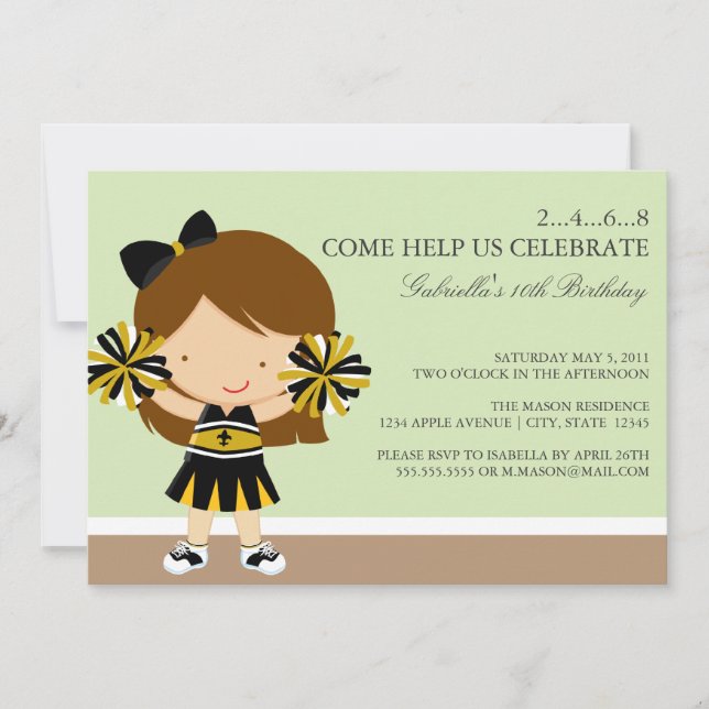 5x7 Black/Gold Cheerleader Birthday Party Invite (Front)