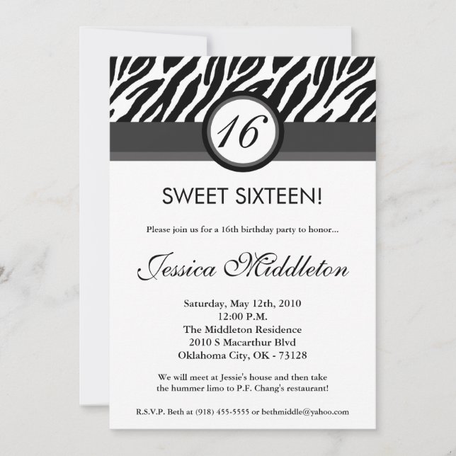 5x7 Black Gray Zebra16th Birthday Invitation (Front)