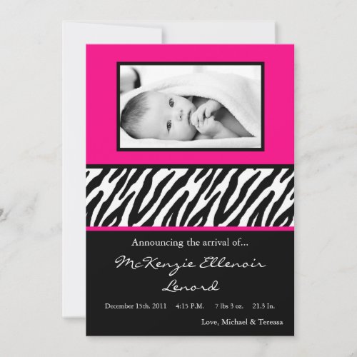 5x7 Black Hot Pink Zebra PHOTO Birth Announcement