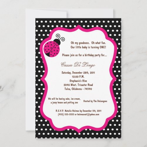 5x7 Black Lady Bug Birthday Party Invite