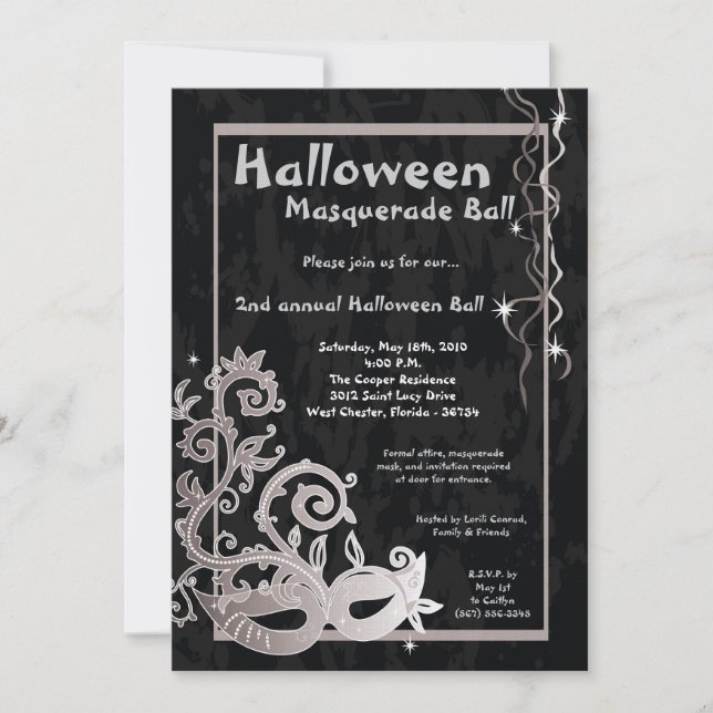 5x7 Black Masquerade Halloween Ball Invitation (Front)