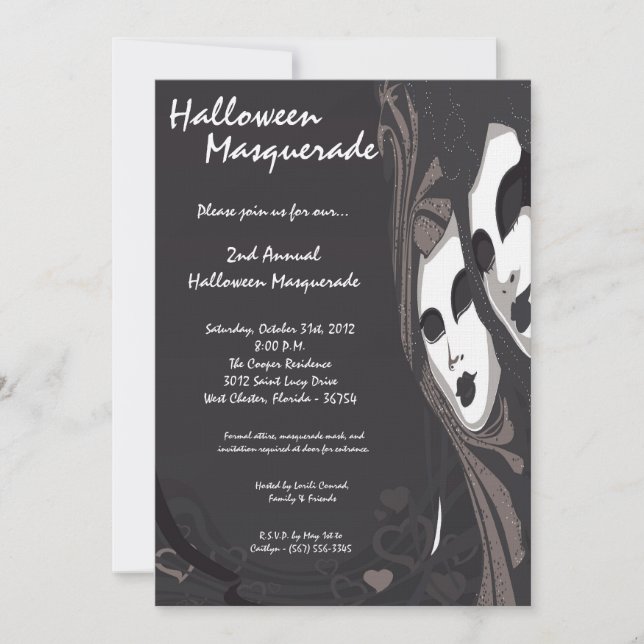 5x7 Black Masquerade Halloween Costume Invitation (Front)