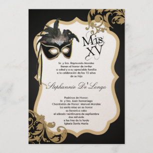 5x7 Black Masquerade Mask Quinceanera Invitation