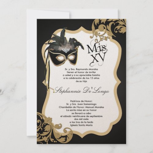 5x7 Black Masquerade Mask Quinceanera Invitation