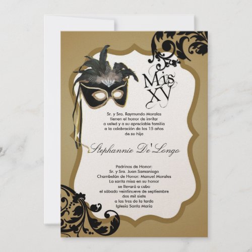 5x7 Black Masquerade Mask Quinceanera Invitation