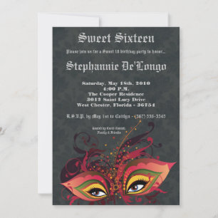 5x7 Black Masquerade Sweet 16 Birthday Invitation