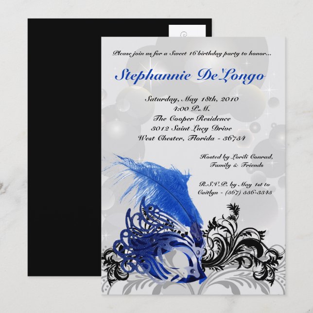 5x7 Black Masquerade Sweet 16 Birthday Invitation (Front/Back)
