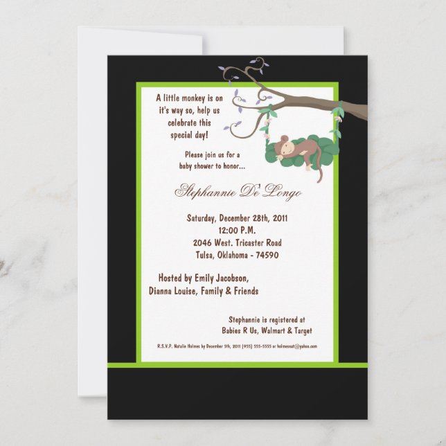 5x7 Black Monkey Baby Shower Invitation (Front)