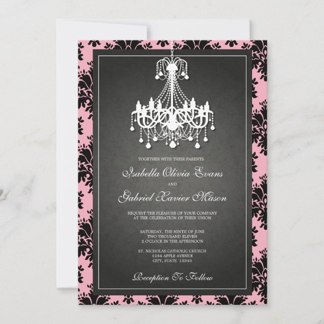 5x7 Black & Pink Chandelier Wedding Invitation (Front)
