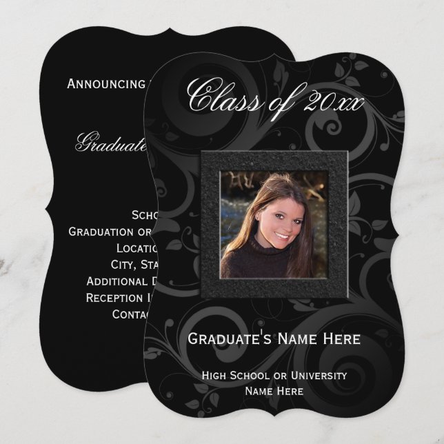 5x7 Black Swirl Photo Graduation Invitation (Front/Back)
