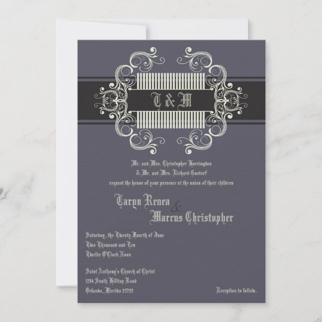 5x7 Black Tie Affair Gray Linen Wedding Invitation (Front)