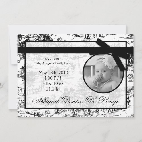 5x7 Black Toile Fabric Photo Birth Announcement