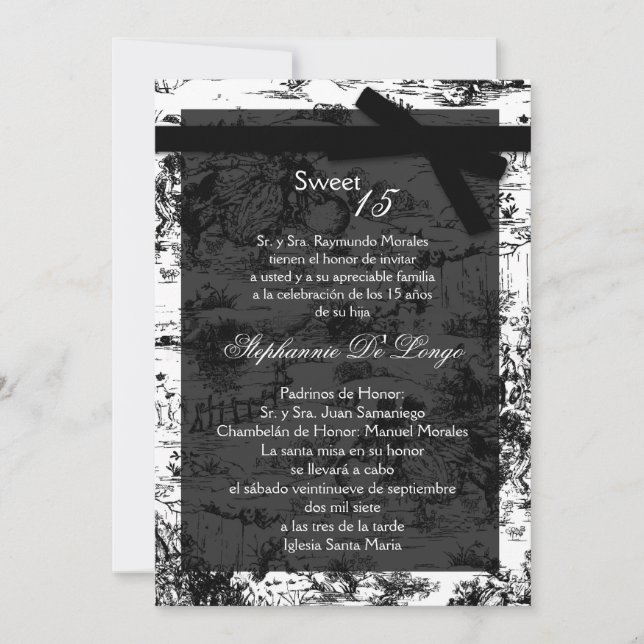 5x7 Black ToileFabric Quinceanera Party Invitation (Front)