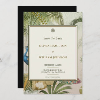 5x7 Black Tropical Peacock Palm Wedding Save The Date