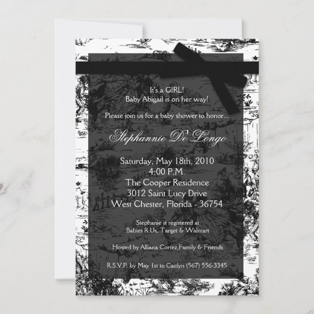 5x7 Black Whit Toile Fabric Baby Shower Invitation (Front)