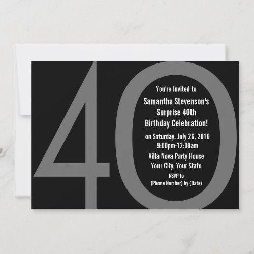 5x7 Black+White Big 4-0 Birthday Party Invitations