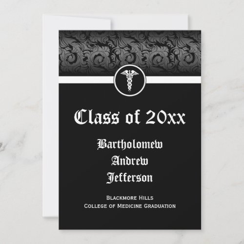 5x7 Black/White Caduceus Medical School Graduation Invites