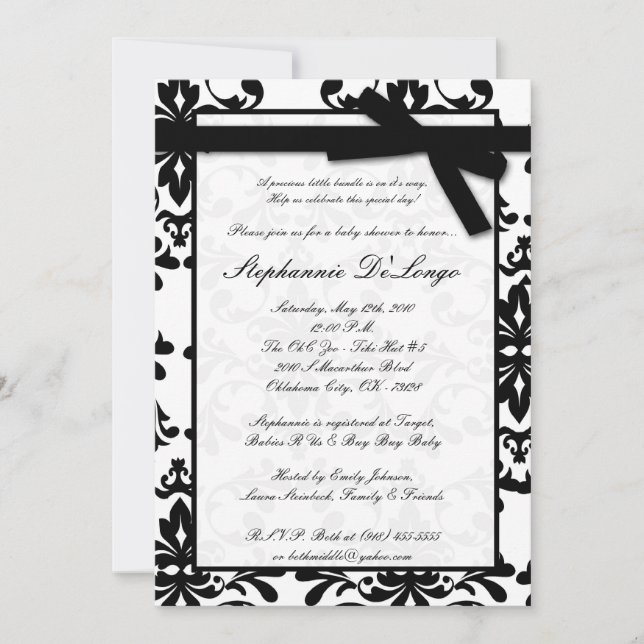 5x7 Black White Damask Bow Baby Shower Invitation (Front)