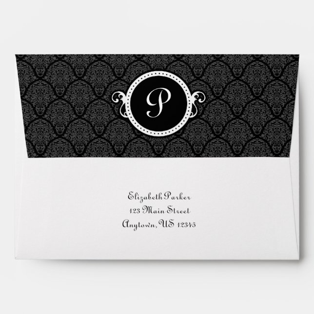 5x7 Black White Damask Monogram Return Address Envelope (Back (Top Flap))