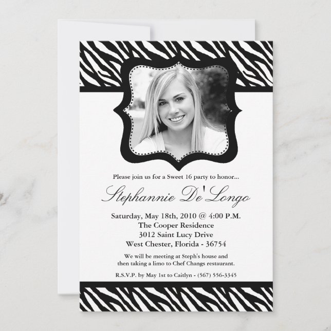 5x7 Black Zebra PHOTO Sweet 16 Birthday Invitation (Front)