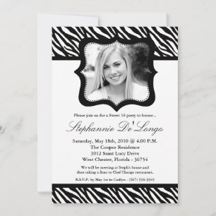 5x7 Black Zebra PHOTO Sweet 16 Birthday Invitation