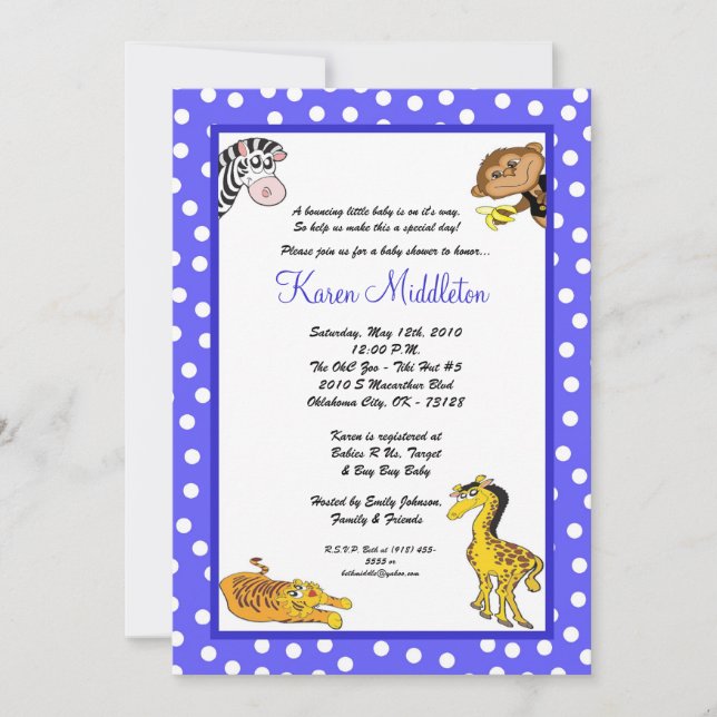 5x7 Blue  Animals Zoo Baby Shower Invitation (Front)