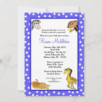 5x7 Blue  Animals Zoo Baby Shower Invitation
