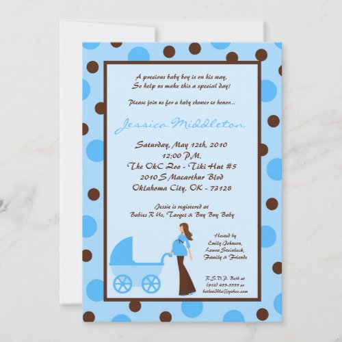 5x7 Blue Boy Mom Carriage Baby Shower Invitation