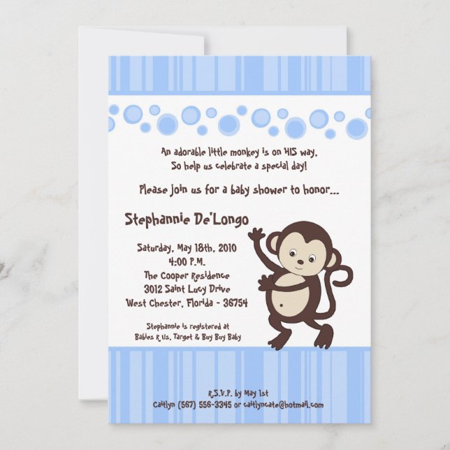5x7 Blue Boy Pop Monkey Baby Shower Invitation (Front)