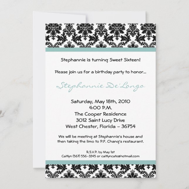 5x7 Blue Damask Birthday Party Invitation (Front)