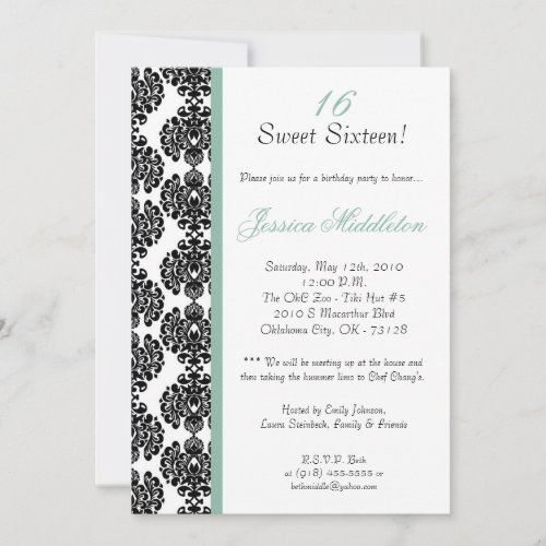 5x7 Blue Damask Birthday Party Invitation