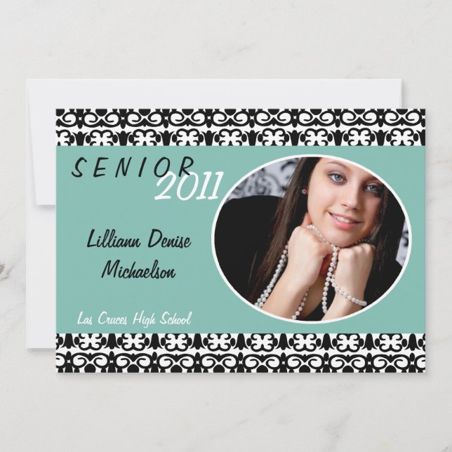 5x7 Blue Damask Photo Senior Announcement (Front)