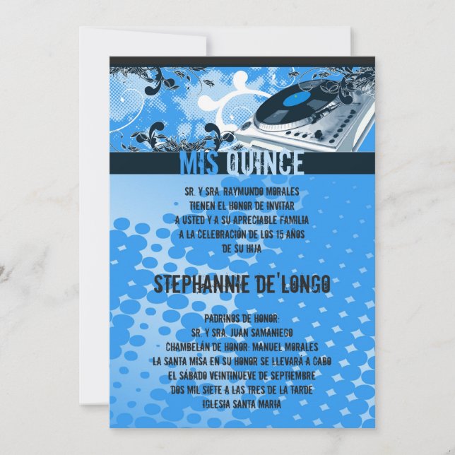 5x7 Blue DJ Turntable Quinceanera Invitation (Front)