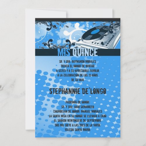 5x7 Blue DJ Turntable Quinceanera Invitation