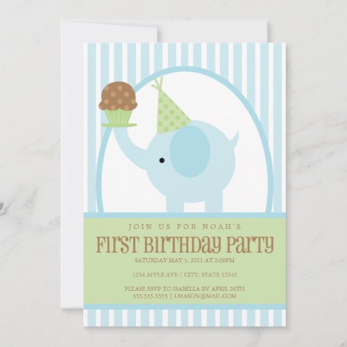 5x7 Blue Elephant Birthday Invitation