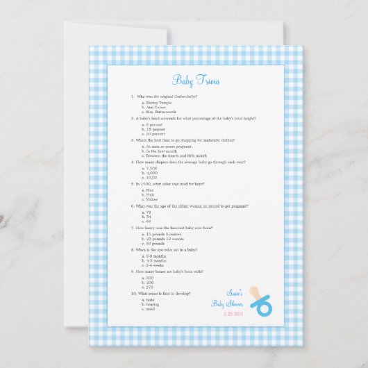 5x7 Blue Gingham Trivia Shower Game (Front)