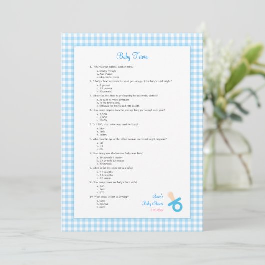 5x7 Blue Gingham Trivia Shower Game (Standing Front)