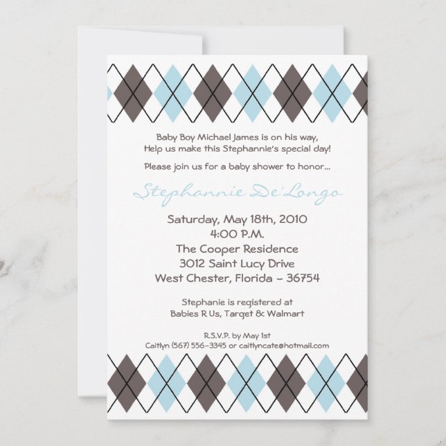 5x7 Blue Gray Argyle Punk Baby Shower Invitation (Front)